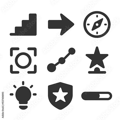 Personal Growth Icons. Solid, filled icons set of personal development journey: stair steps, direction arrow,