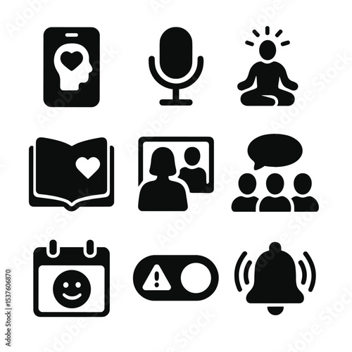 Digital Mental Health Icons. Solid, filled icons set of digital mental health resources: mental health app,