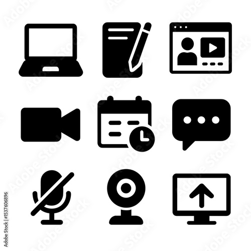 Virtual Learning Icons. Solid, filled icons set of virtual learning setup: open laptop, digital notepad,
