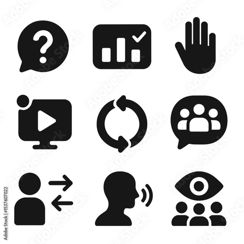 Audience Engagement Icons. Solid, filled icons set of audience engagement techniques: question icon, polling