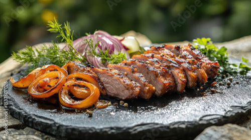 Sliced smoked pork served with caramelized onions and roasted vegetables on a stone plate in a rustic outdoor setting 