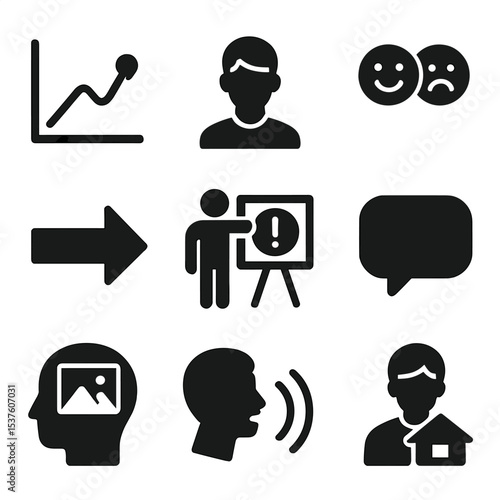 Storytelling Icon Set. Solid, filled icons set of storytelling in presentations: story arc, character icon,