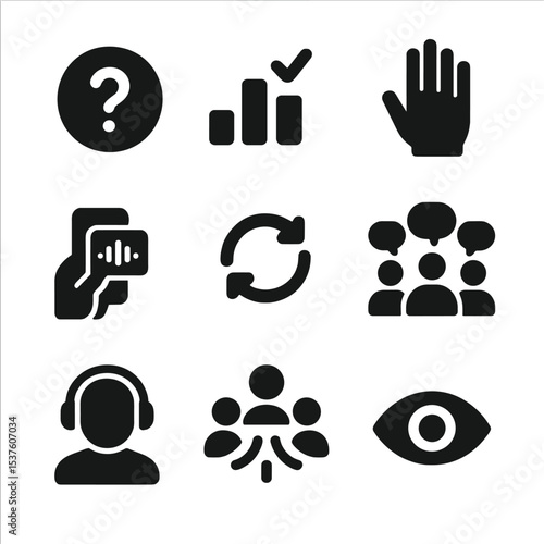 Audience Engagement Icons. Solid, filled icons set of audience engagement techniques: question icon, polling