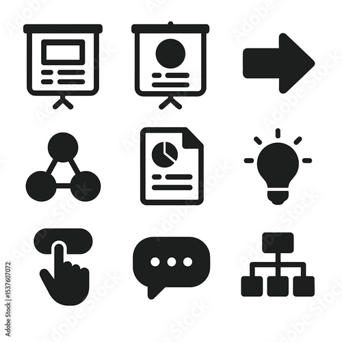 Presentation Planning Icons. Solid, filled icons set of presentation structure planning: outline icon, intro