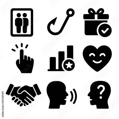 Pitch Skills Icons. Solid, filled icons set of pitch and persuasion skills: elevator pitch icon, hook line,