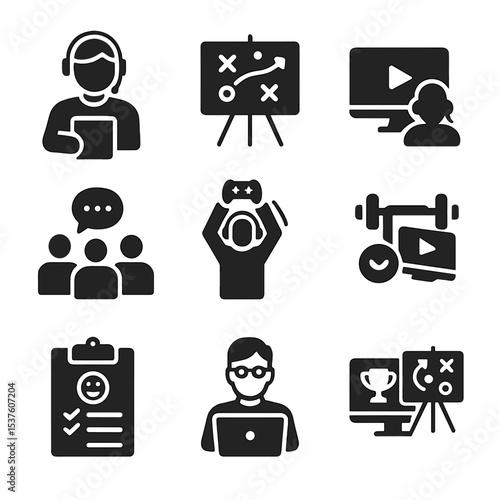 eSports Icons Set. Solid, filled icons set of eSports player support: coach icon, strategy board, gameplay