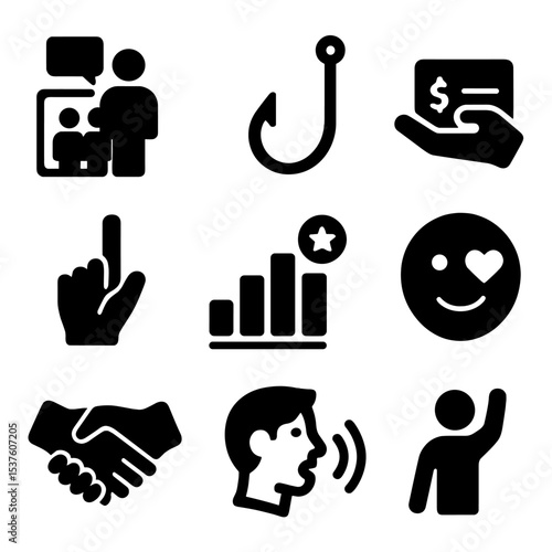 Pitch Skills Icons. Solid, filled icons set of pitch and persuasion skills: elevator pitch icon, hook line,