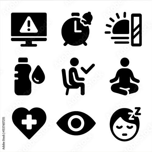 Gaming Wellness Icons. Solid, filled icons set of gaming wellness support: screen time alert, break timer,