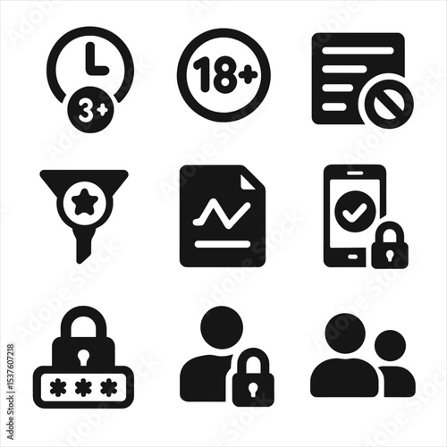 Parental Control Icons. Solid, filled icons set of parental controls and safety: time limit icon, age rating,