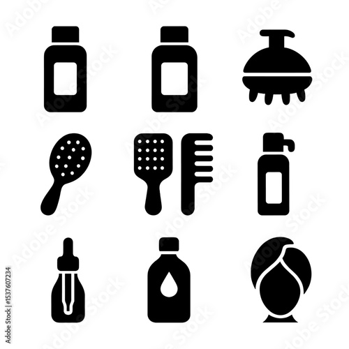 Hair Care Icons. Solid, filled icons set of hair care essentials: shampoo bottle, conditioner icon, scalp