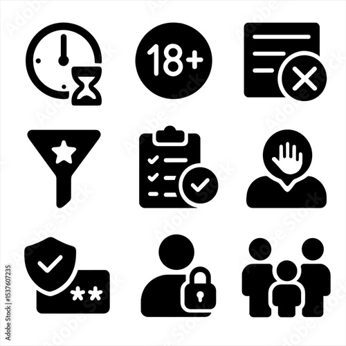 Parental Control Icons. Solid, filled icons set of parental controls and safety: time limit icon, age rating,