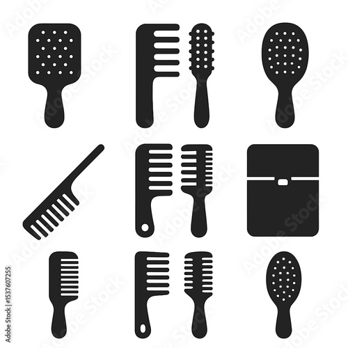 Hairbrush Icon Set. Solid, filled icons set of hairbrush and comb set: paddle brush, wide-tooth comb, round