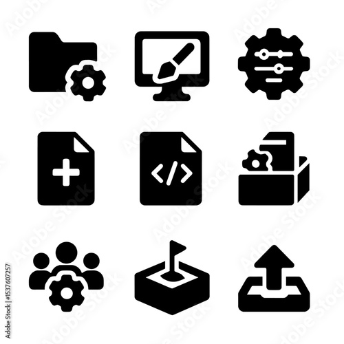 Modding Icons Grid. Solid, filled icons set of modding and custom support: mod folder, skin editor, custom