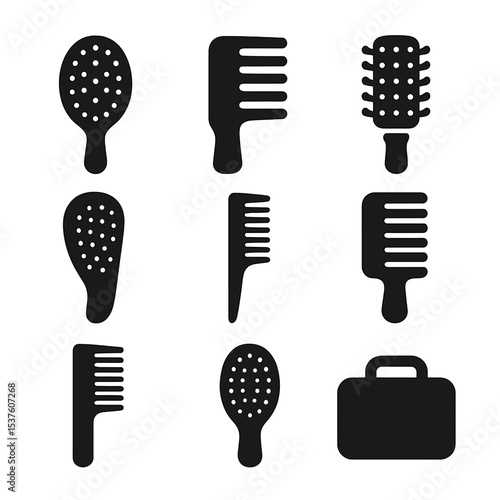 Hairbrush Icon Set. Solid, filled icons set of hairbrush and comb set: paddle brush, wide-tooth comb, round