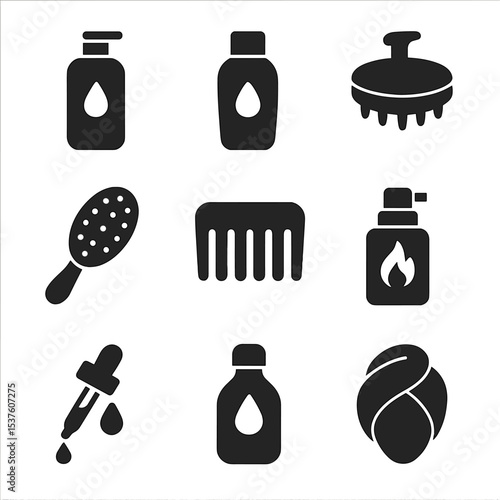 Hair Care Icons. Solid, filled icons set of hair care essentials: shampoo bottle, conditioner icon, scalp