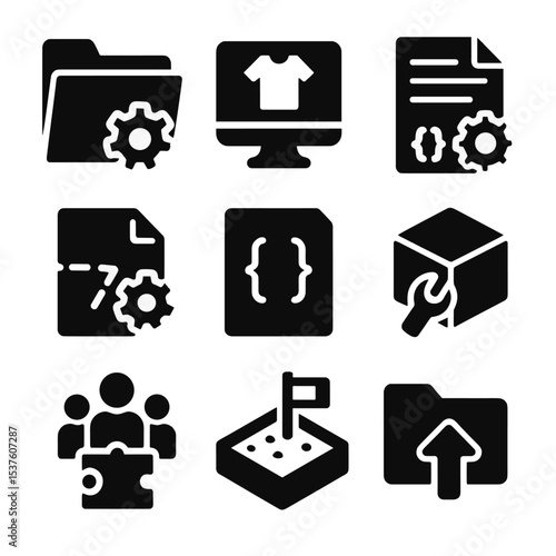 Modding Icons Grid. Solid, filled icons set of modding and custom support: mod folder, skin editor, custom
