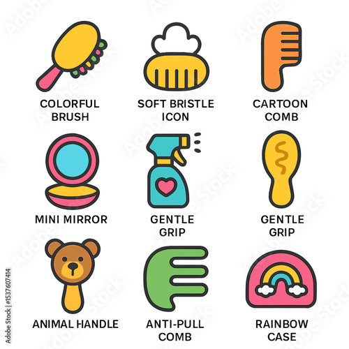Kids' Hairbrush Icon Set. Solid, filled icons set of kids’ hairbrush sets: colorful brush, soft bristle icon,