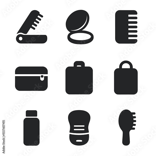 Travel Brush Kit Icons. Solid, filled icons set of travel-sized brush kits: foldable brush, compact mirror,