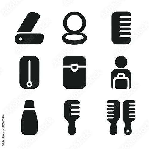 Travel Brush Kit Icons. Solid, filled icons set of travel-sized brush kits: foldable brush, compact mirror,