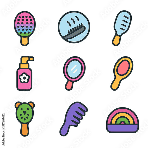 Kids' Hairbrush Icon Set. Solid, filled icons set of kids’ hairbrush sets: colorful brush, soft bristle icon,