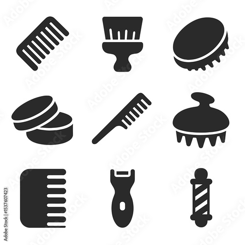Men's Grooming Icons. Solid, filled icons set of men’s grooming tools: styling comb, fade brush, wave brush,