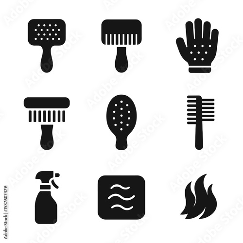 Pet Grooming Icons. Solid, filled icons set of pet grooming brushes: slicker brush, de-shedding comb, grooming