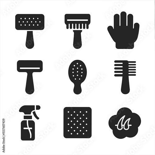 Pet Grooming Icons. Solid, filled icons set of pet grooming brushes: slicker brush, de-shedding comb, grooming