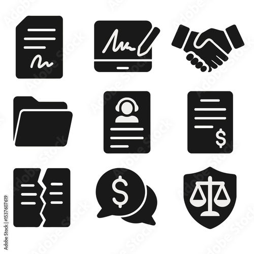Esports Contract Icons. Solid, filled icons set of esports contracts: signed document, digital signature,