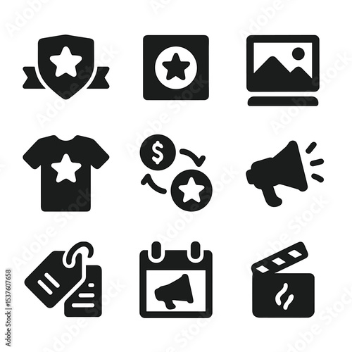 Sponsorship Icons Collection. Solid, filled icons set of sponsorship and brand deals: sponsor badge, brand