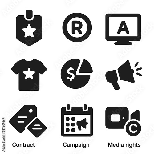 Sponsorship Icons Collection. Solid, filled icons set of sponsorship and brand deals: sponsor badge, brand