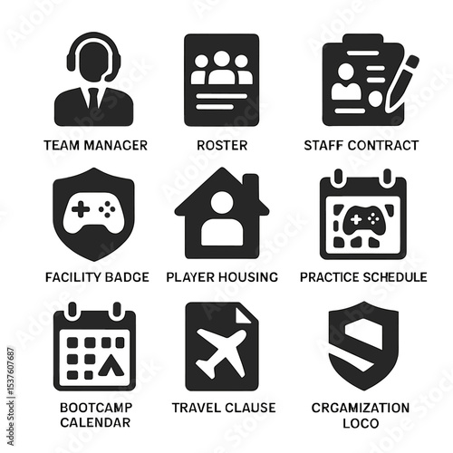 Esports Management Icons. Solid, filled icons set of esports organization management: team manager, roster