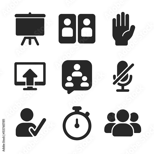 Virtual Classroom Icons. Solid, filled icons set of virtual classroom tools: whiteboard icon, breakout rooms,