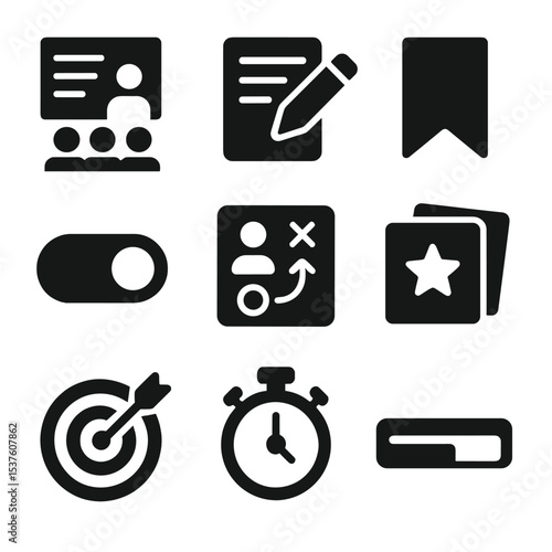 Student Learning Icons. Solid, filled icons set of student learning features: lesson playlist, note-taking