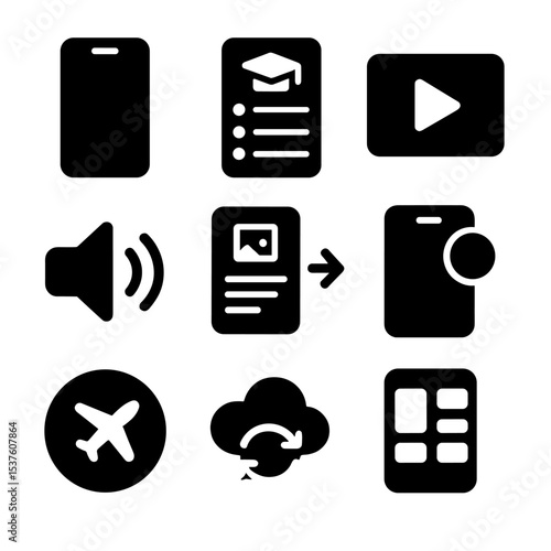E-Learning App Icons. Solid, filled icons set of mobile e-learning apps: mobile screen, course list, video