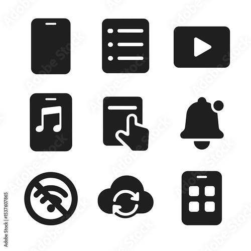 E-Learning App Icons. Solid, filled icons set of mobile e-learning apps: mobile screen, course list, video