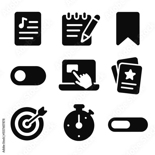 Student Learning Icons. Solid, filled icons set of student learning features: lesson playlist, note-taking