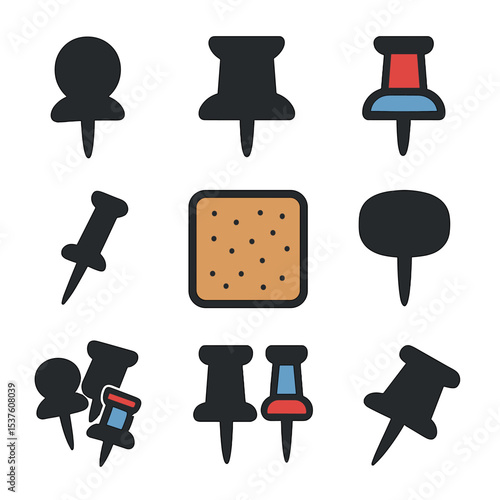 Corkboard Pin Icons. Solid, filled icons set of corkboard pin designs: round tack, flat pin, colorful pushpin,