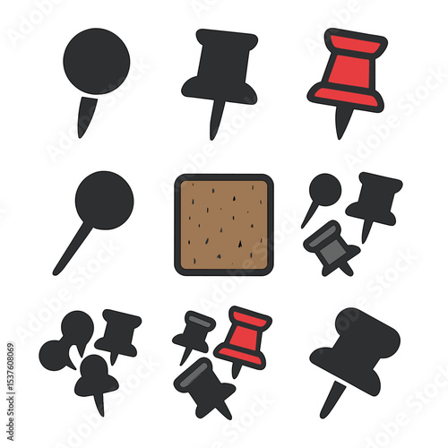 Corkboard Pin Icons. Solid, filled icons set of corkboard pin designs: round tack, flat pin, colorful pushpin,