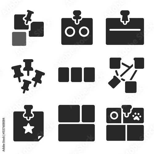 Pinboard Organization Icons. Solid, filled icons set of pinboard organization methods: color-coded notes,