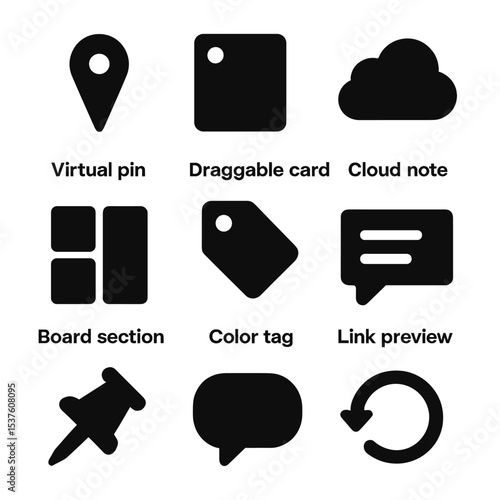 Digital Corkboard Icons. Solid, filled icons set of digital corkboard UI: virtual pin, draggable card, cloud