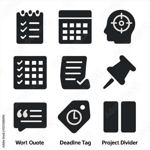 Productivity Icons Grid. Solid, filled icons set of productivity corkboard tools: daily goals, weekly planner,