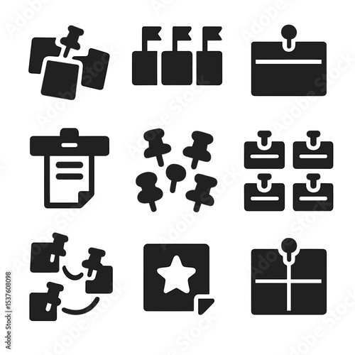 Pinboard Organization Icons. Solid, filled icons set of pinboard organization methods: color-coded notes,