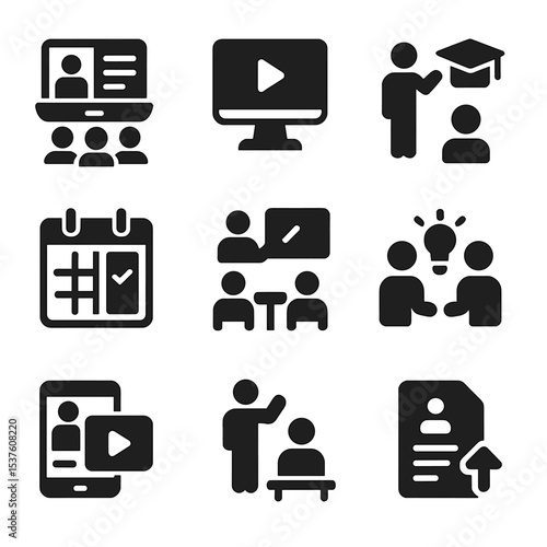 Blended Learning Icons. Solid, filled icons set of blended learning models: flipped classroom, online module,