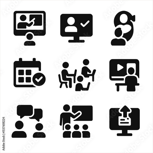 Blended Learning Icons. Solid, filled icons set of blended learning models: flipped classroom, online module,