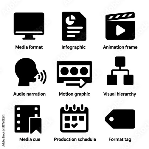 Instructional Media Icons. Solid, filled icons set of instructional media planning: media format icon,