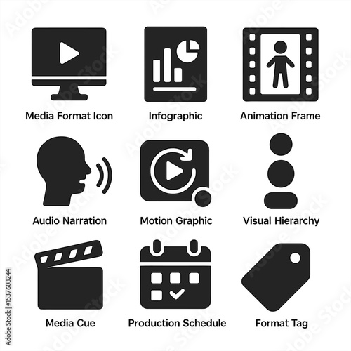 Instructional Media Icons. Solid, filled icons set of instructional media planning: media format icon,