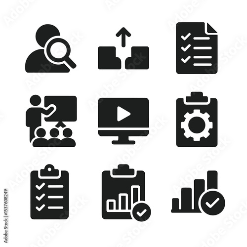 Training Program Icons. Solid, filled icons set of training program design: needs analysis, performance gap,