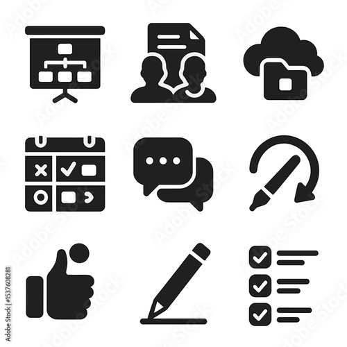 Collaborative Course Icons. Solid, filled icons set of collaborative course creation: team board, co-author