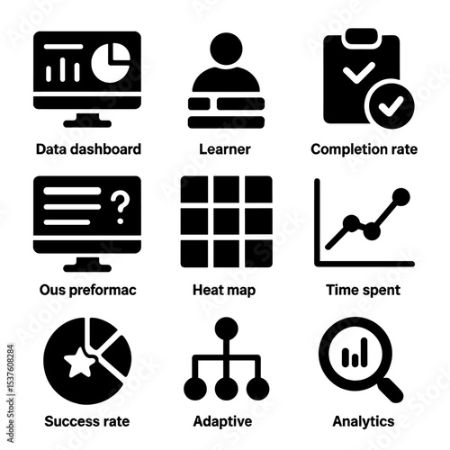 Learning Analytics Icons. Solid, filled icons set of learning analytics in design: data dashboard, learner