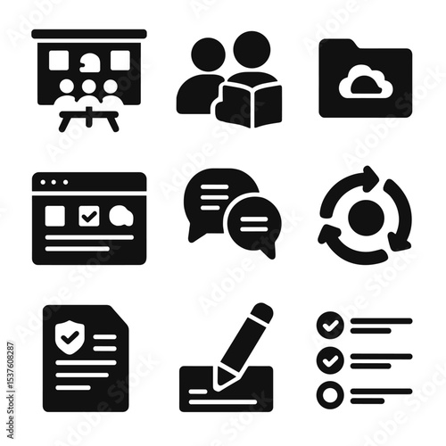 Collaborative Course Icons. Solid, filled icons set of collaborative course creation: team board, co-author